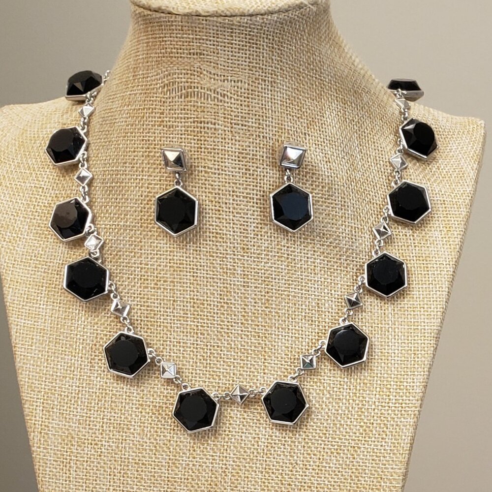 White House Black Market, Silver black octagon rhinestone necklace & earring set
